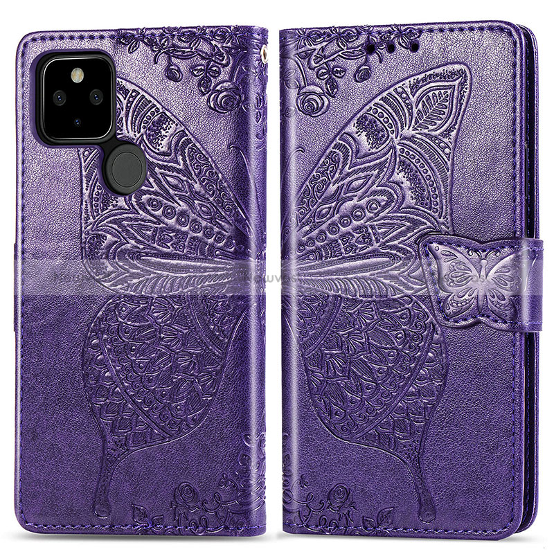 Leather Case Stands Butterfly Flip Cover Holder for Google Pixel 4a 5G Purple