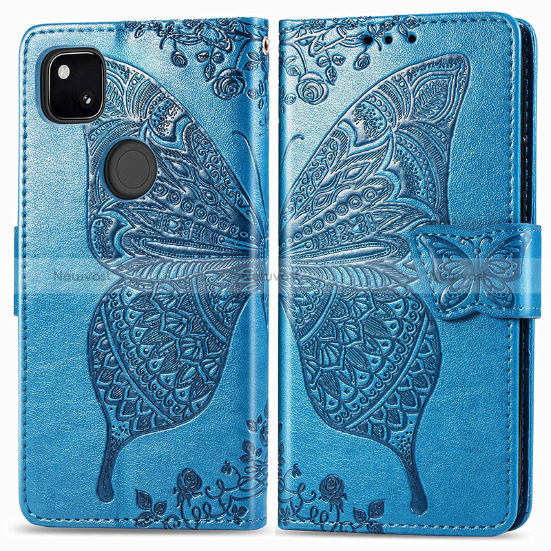 Leather Case Stands Butterfly Flip Cover Holder for Google Pixel 4a Blue