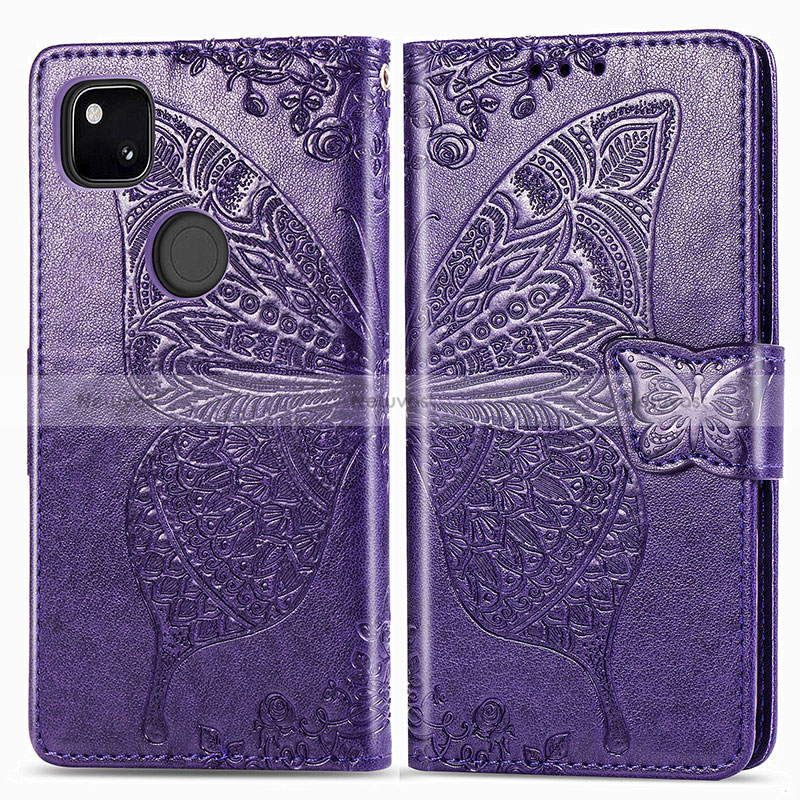 Leather Case Stands Butterfly Flip Cover Holder for Google Pixel 4a Purple