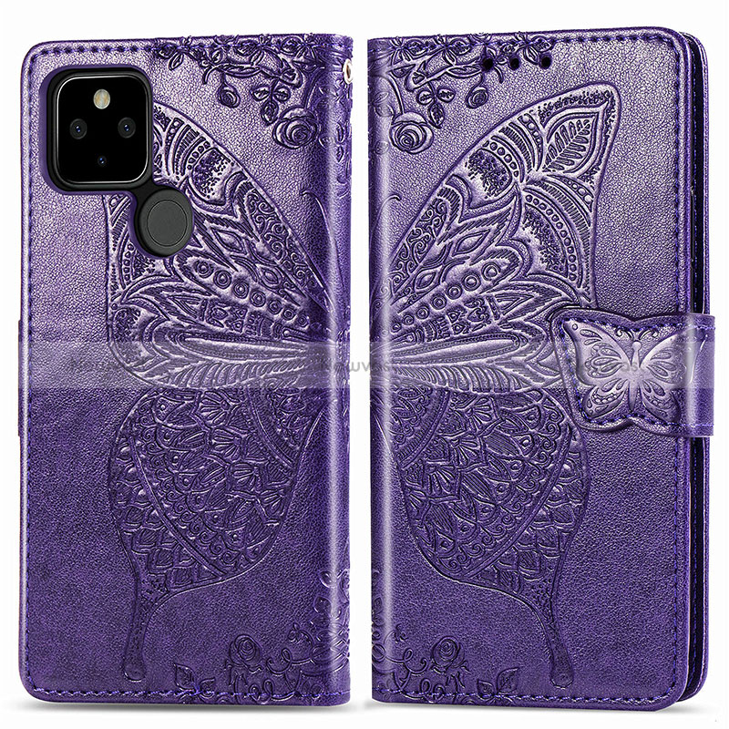 Leather Case Stands Butterfly Flip Cover Holder for Google Pixel 5 Purple