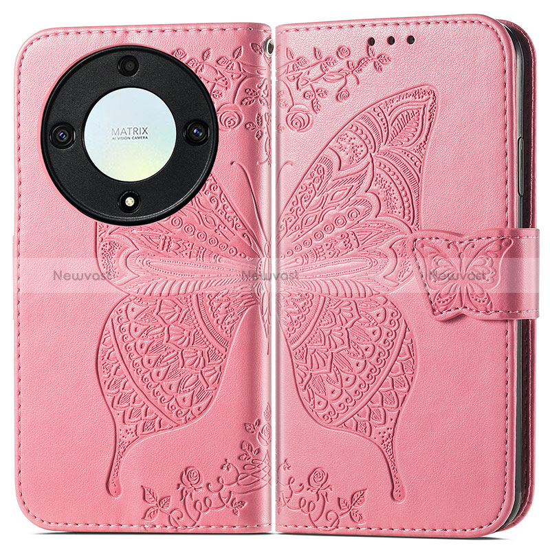 Leather Case Stands Butterfly Flip Cover Holder for Huawei Honor Magic5 Lite 5G Hot Pink