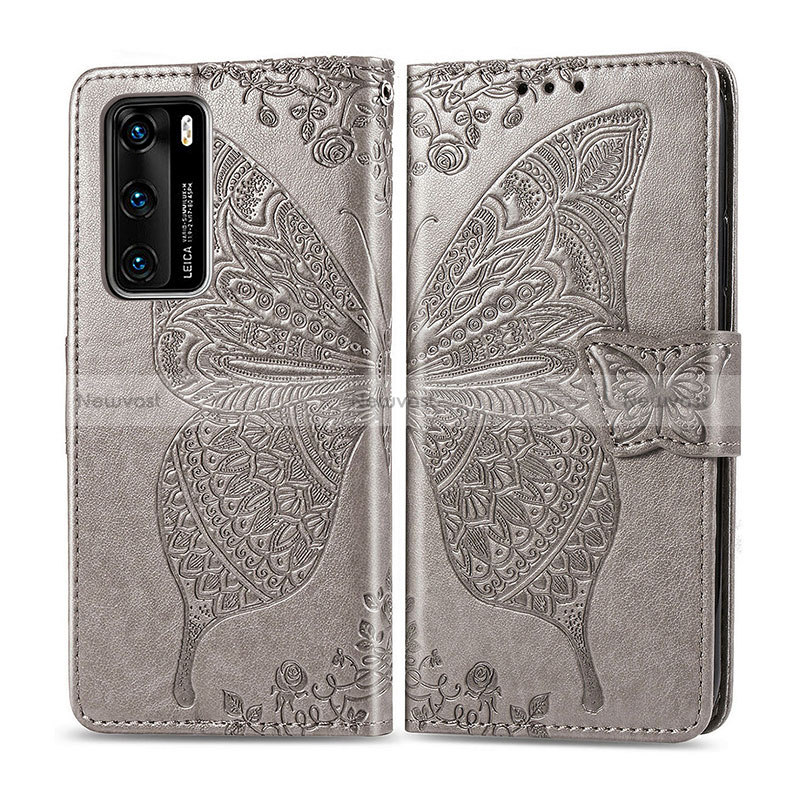 Leather Case Stands Butterfly Flip Cover Holder for Huawei P40 Gray