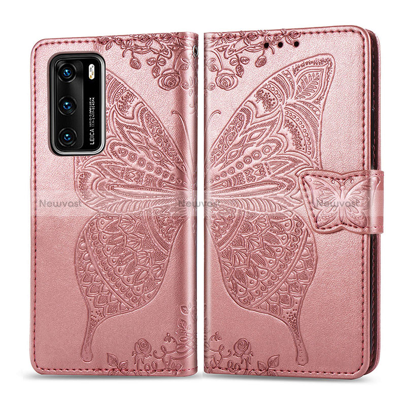 Leather Case Stands Butterfly Flip Cover Holder for Huawei P40 Pink