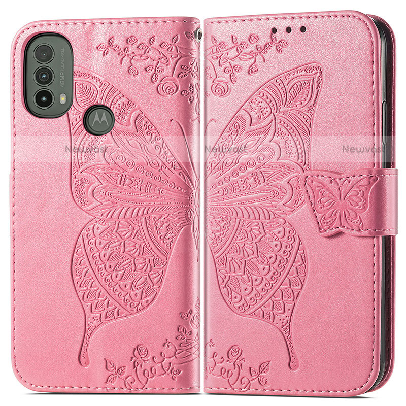 Leather Case Stands Butterfly Flip Cover Holder for Motorola Moto E20 Hot Pink