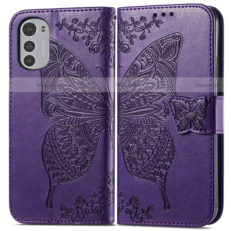Leather Case Stands Butterfly Flip Cover Holder for Motorola Moto E32s Purple