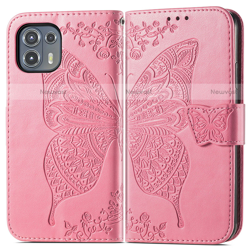 Leather Case Stands Butterfly Flip Cover Holder for Motorola Moto Edge 20 Lite 5G Hot Pink