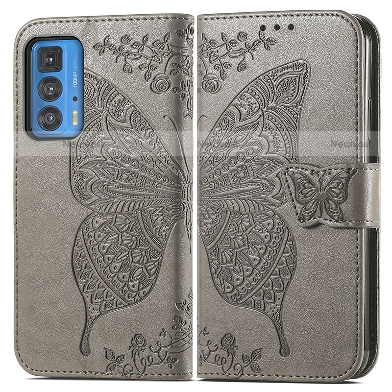 Leather Case Stands Butterfly Flip Cover Holder for Motorola Moto Edge 20 Pro 5G Gray
