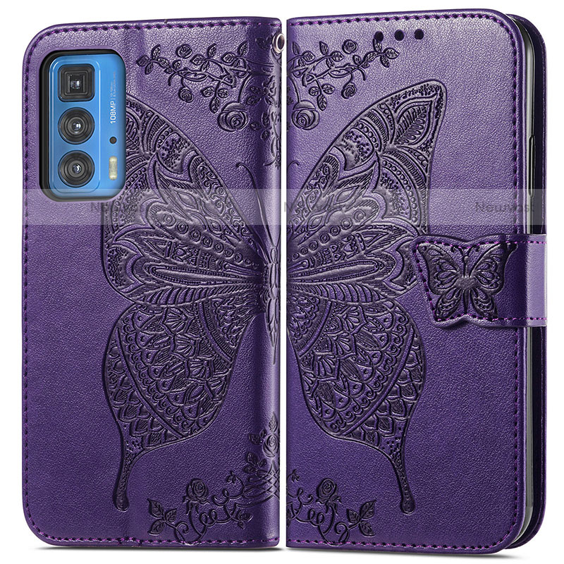 Leather Case Stands Butterfly Flip Cover Holder for Motorola Moto Edge 20 Pro 5G Purple