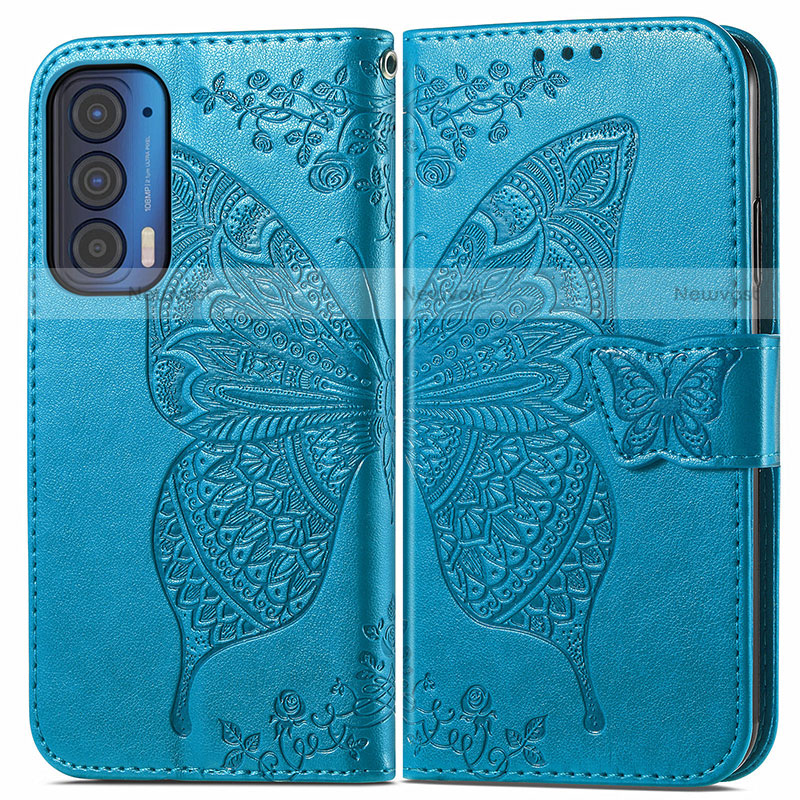 Leather Case Stands Butterfly Flip Cover Holder for Motorola Moto Edge (2021) 5G Blue