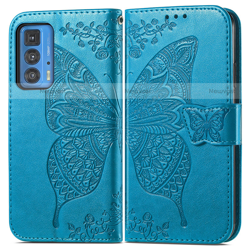 Leather Case Stands Butterfly Flip Cover Holder for Motorola Moto Edge S Pro 5G Blue