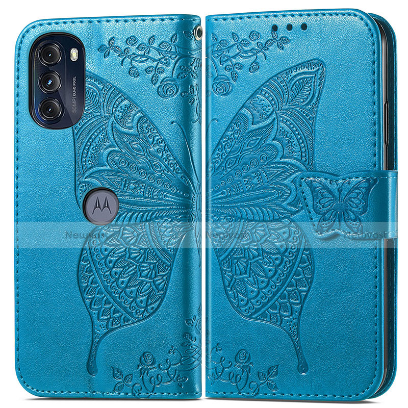 Leather Case Stands Butterfly Flip Cover Holder for Motorola Moto G 5G (2022) Blue
