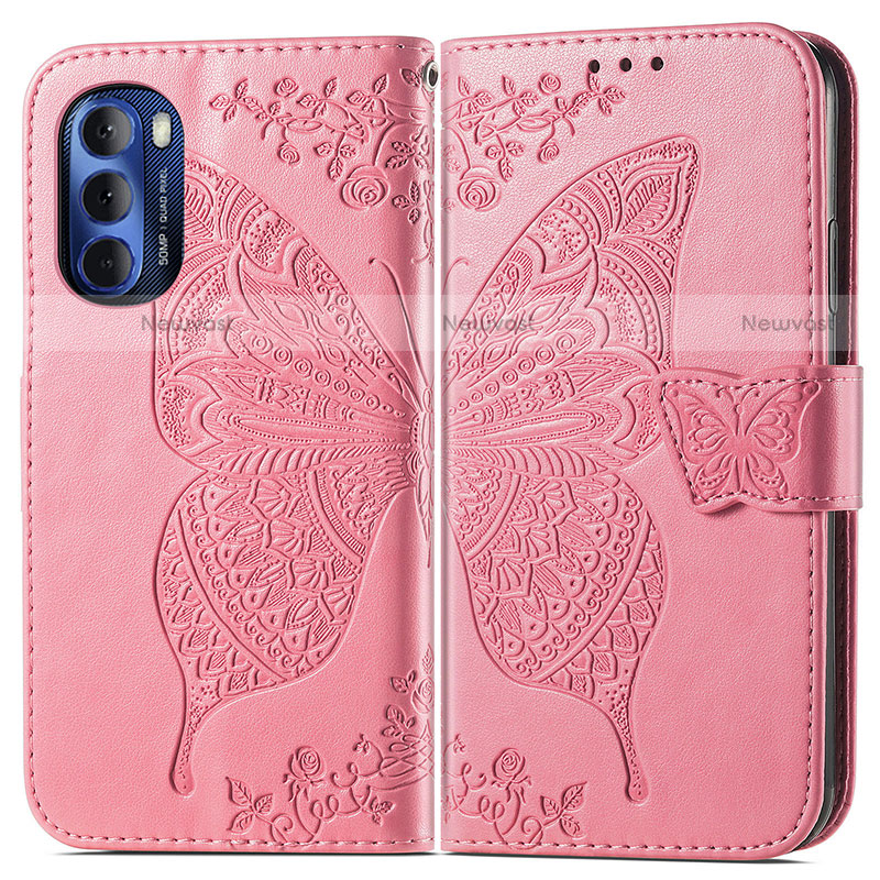 Leather Case Stands Butterfly Flip Cover Holder for Motorola Moto G Stylus (2022) 4G Hot Pink