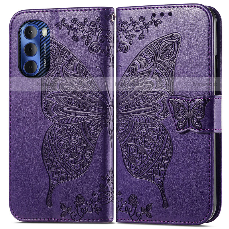 Leather Case Stands Butterfly Flip Cover Holder for Motorola Moto G Stylus (2022) 4G Purple