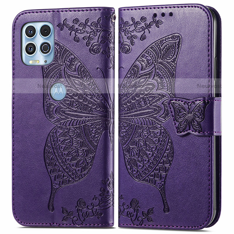 Leather Case Stands Butterfly Flip Cover Holder for Motorola Moto G100 5G Purple