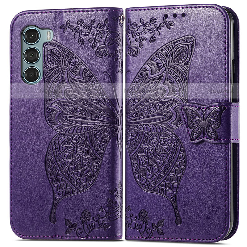 Leather Case Stands Butterfly Flip Cover Holder for Motorola Moto G200 5G Purple