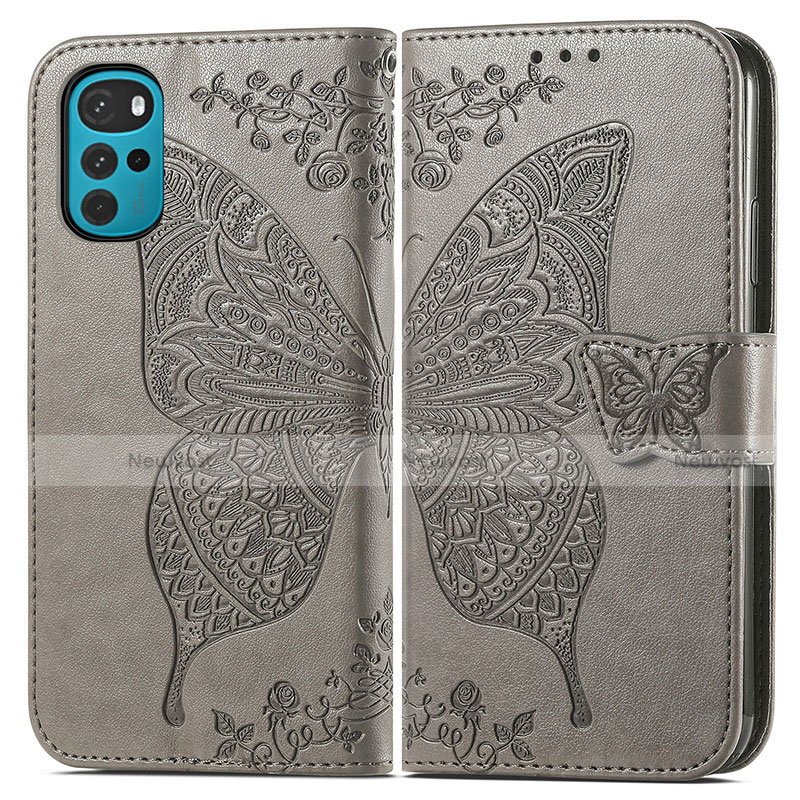 Leather Case Stands Butterfly Flip Cover Holder for Motorola Moto G22 Gray