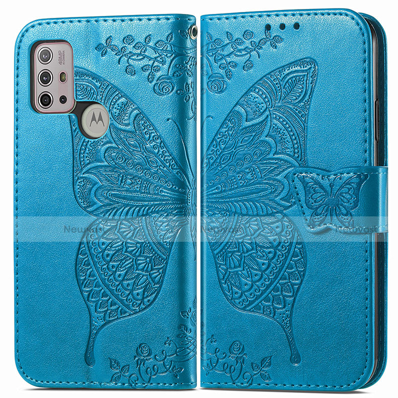 Leather Case Stands Butterfly Flip Cover Holder for Motorola Moto G30 Blue