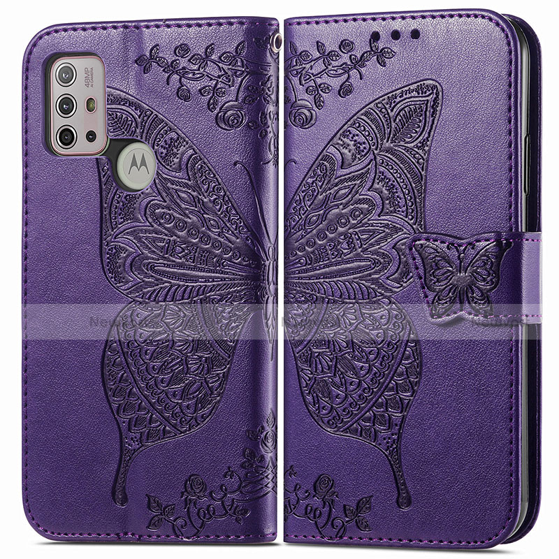 Leather Case Stands Butterfly Flip Cover Holder for Motorola Moto G30 Purple
