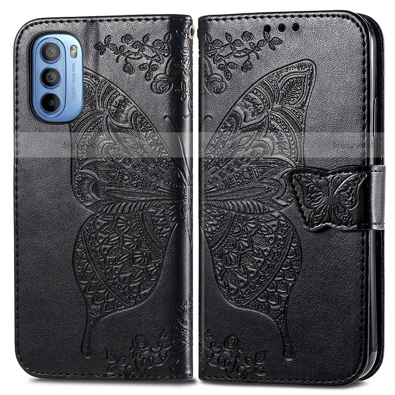 Leather Case Stands Butterfly Flip Cover Holder for Motorola Moto G31 Black