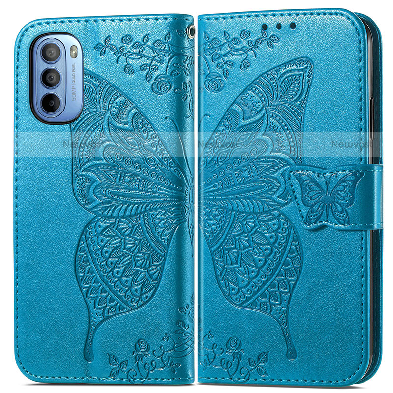 Leather Case Stands Butterfly Flip Cover Holder for Motorola Moto G31 Blue