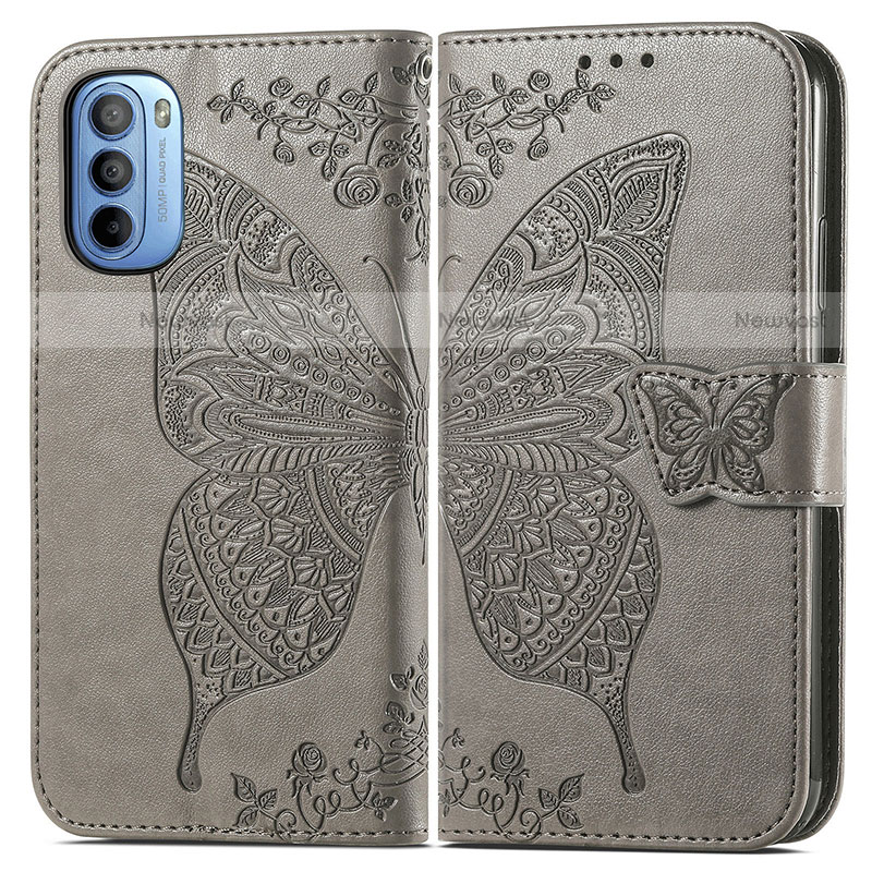 Leather Case Stands Butterfly Flip Cover Holder for Motorola Moto G31 Gray