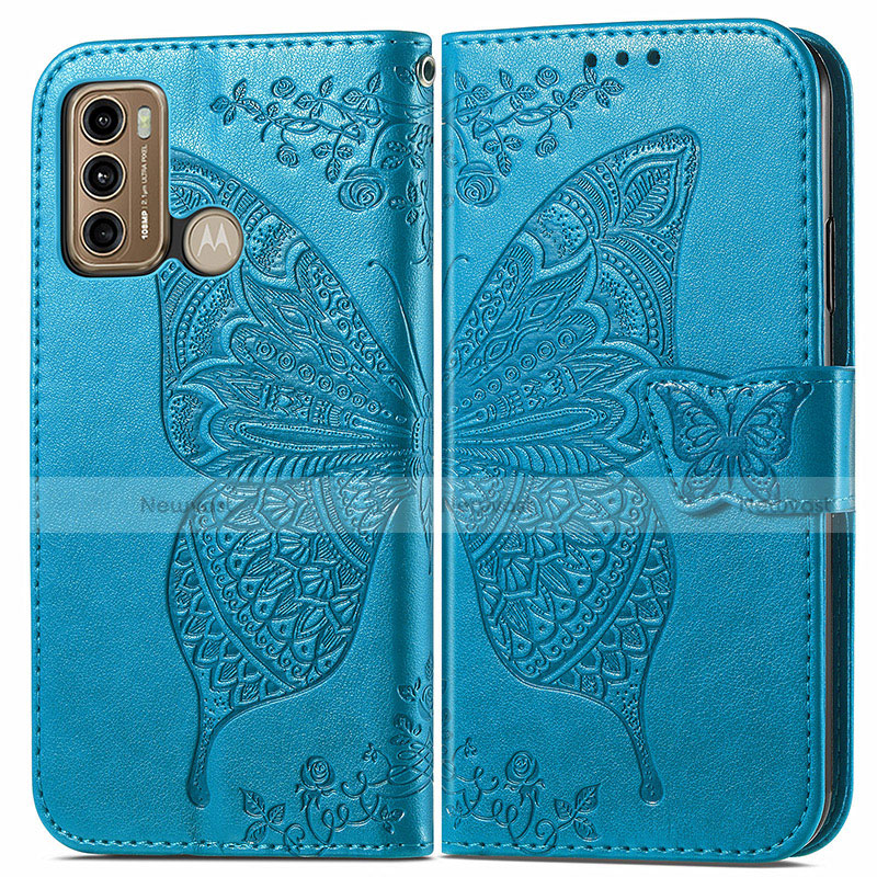 Leather Case Stands Butterfly Flip Cover Holder for Motorola Moto G40 Fusion Blue