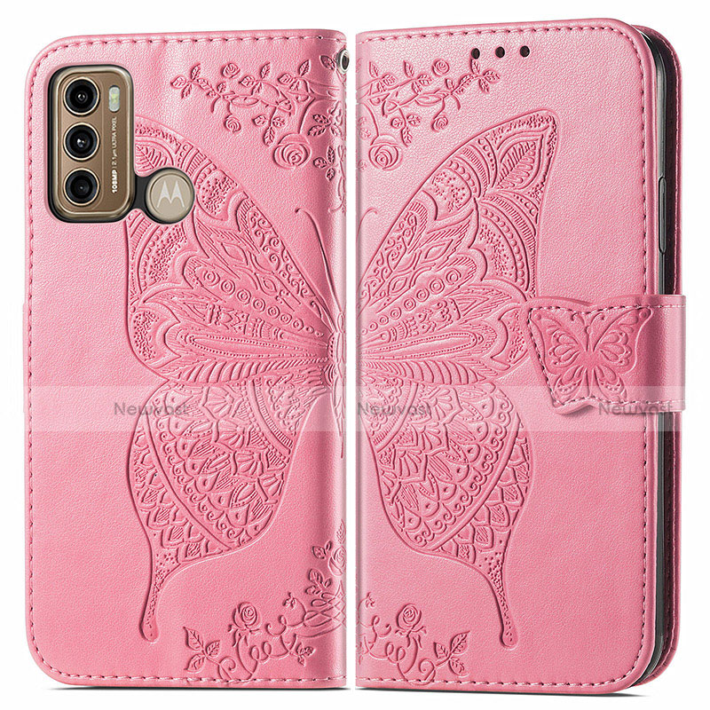 Leather Case Stands Butterfly Flip Cover Holder for Motorola Moto G40 Fusion Hot Pink