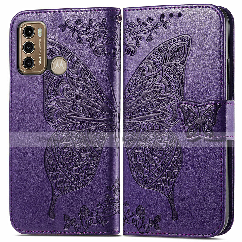 Leather Case Stands Butterfly Flip Cover Holder for Motorola Moto G40 Fusion Purple