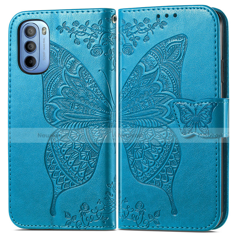 Leather Case Stands Butterfly Flip Cover Holder for Motorola Moto G41 Blue