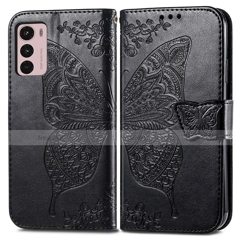 Leather Case Stands Butterfly Flip Cover Holder for Motorola Moto G42 Black
