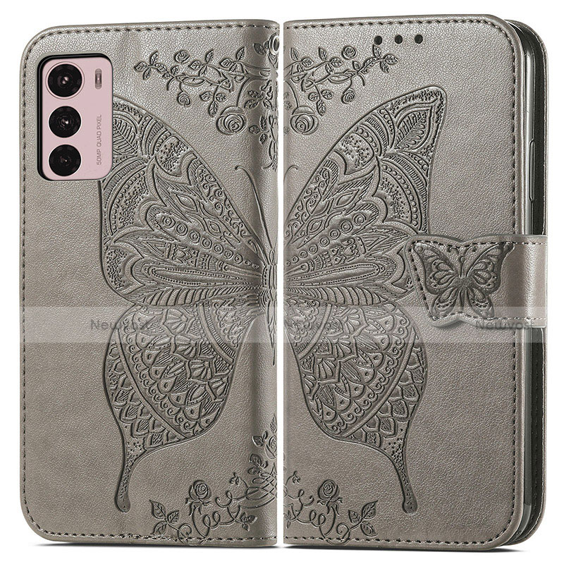 Leather Case Stands Butterfly Flip Cover Holder for Motorola Moto G42 Gray