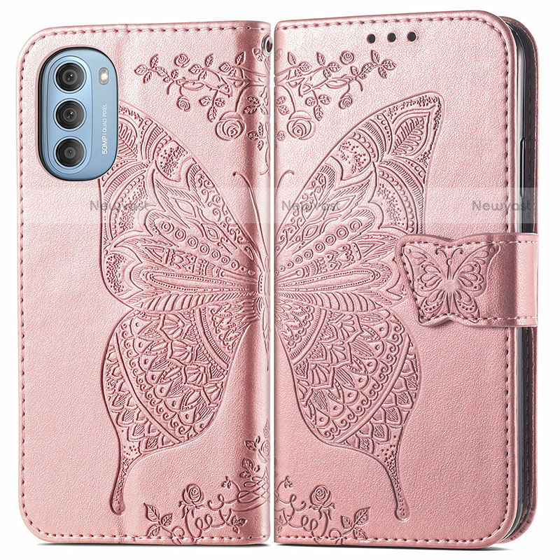Leather Case Stands Butterfly Flip Cover Holder for Motorola Moto G51 5G Pink