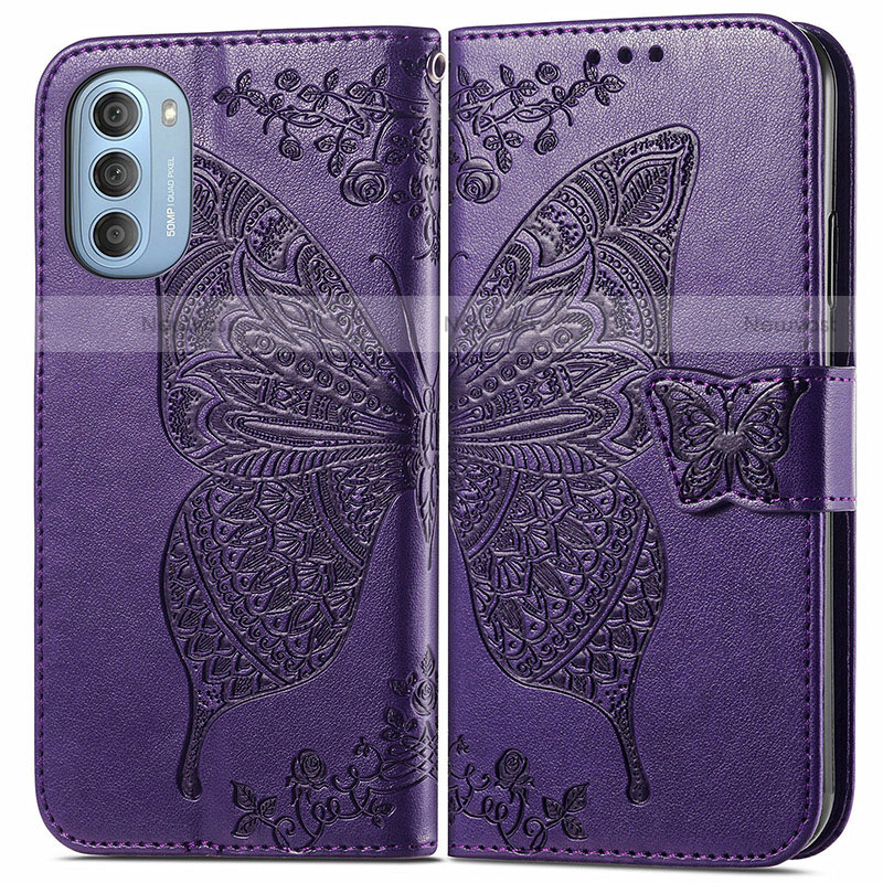 Leather Case Stands Butterfly Flip Cover Holder for Motorola Moto G51 5G Purple