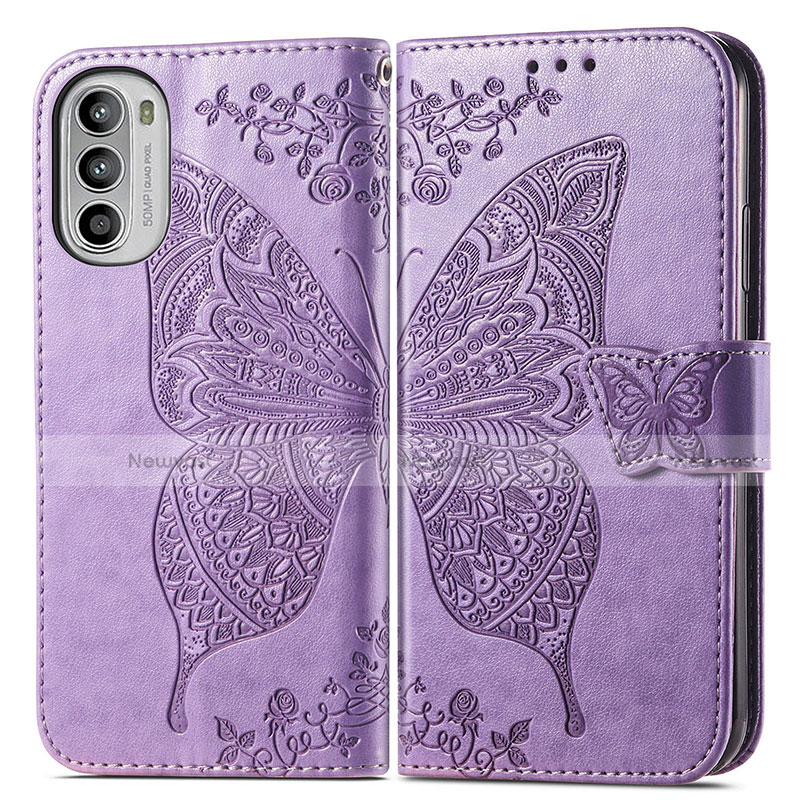 Leather Case Stands Butterfly Flip Cover Holder for Motorola Moto G52j 5G Clove Purple