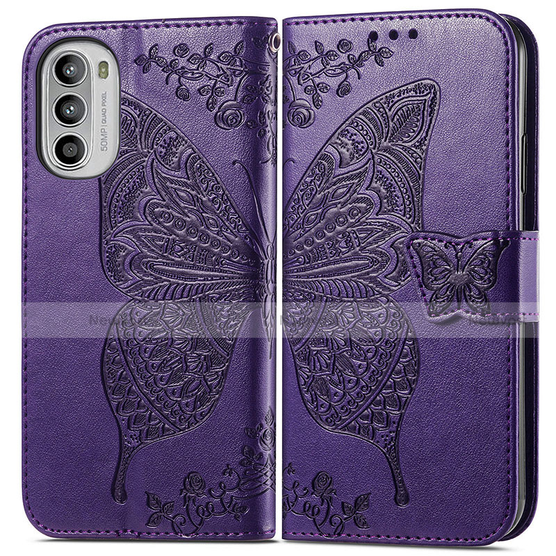 Leather Case Stands Butterfly Flip Cover Holder for Motorola Moto G52j 5G Purple