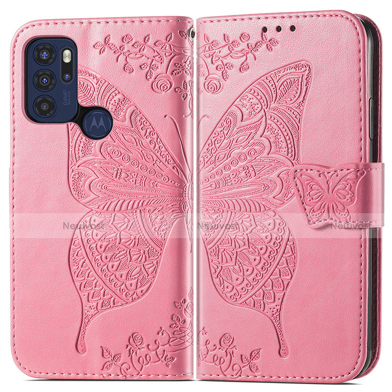 Leather Case Stands Butterfly Flip Cover Holder for Motorola Moto G60s Hot Pink