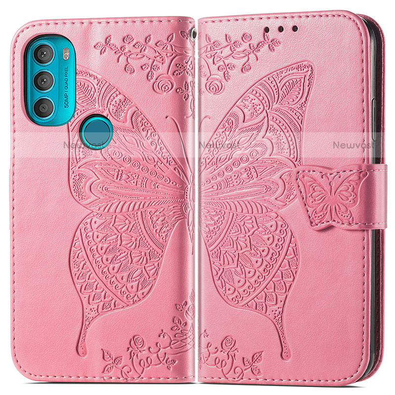 Leather Case Stands Butterfly Flip Cover Holder for Motorola Moto G71 5G Hot Pink