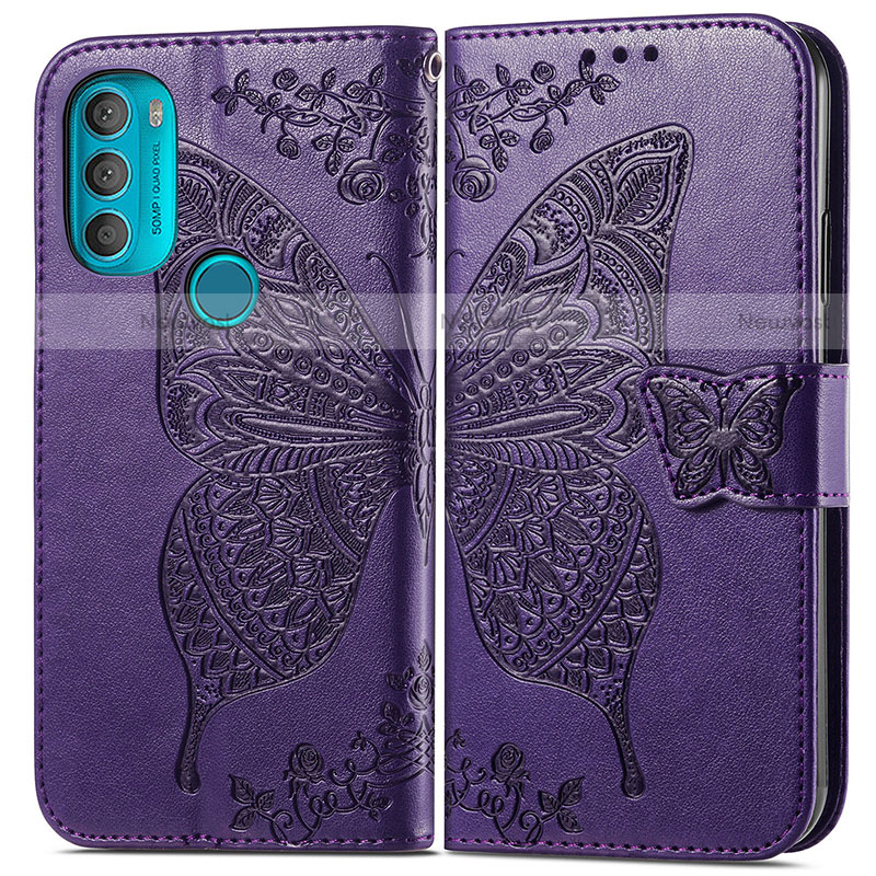Leather Case Stands Butterfly Flip Cover Holder for Motorola Moto G71 5G Purple