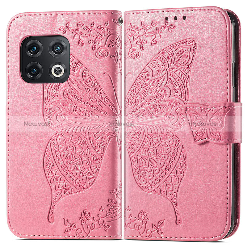 Leather Case Stands Butterfly Flip Cover Holder for OnePlus 10 Pro 5G Hot Pink