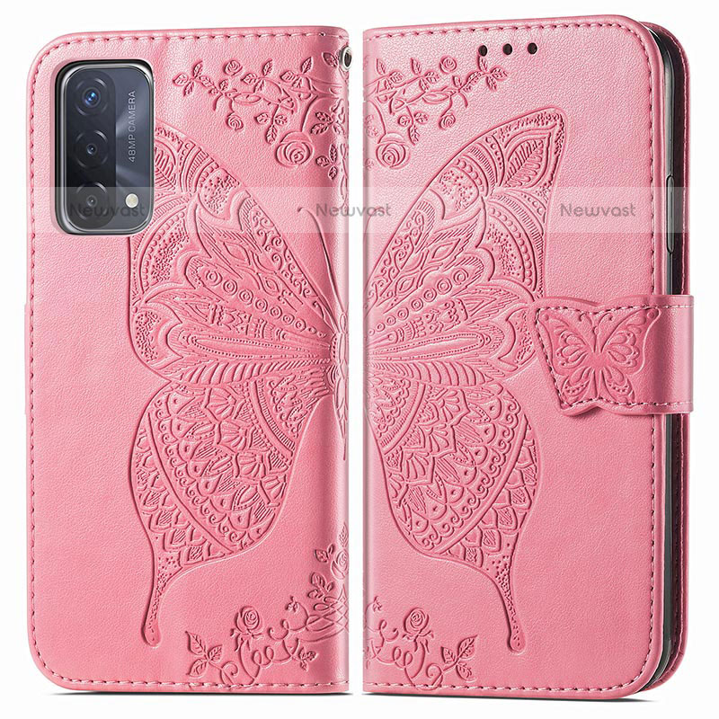 Leather Case Stands Butterfly Flip Cover Holder for OnePlus Nord N200 5G Hot Pink