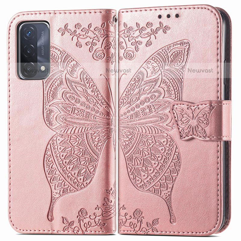 Leather Case Stands Butterfly Flip Cover Holder for OnePlus Nord N200 5G Pink
