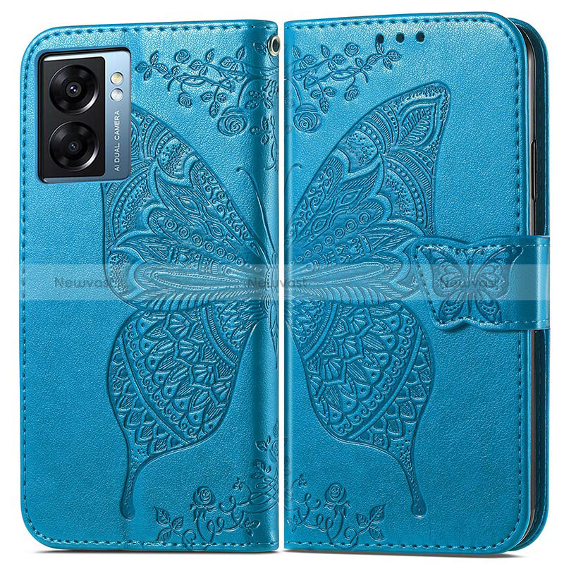 Leather Case Stands Butterfly Flip Cover Holder for Oppo A56S 5G Blue