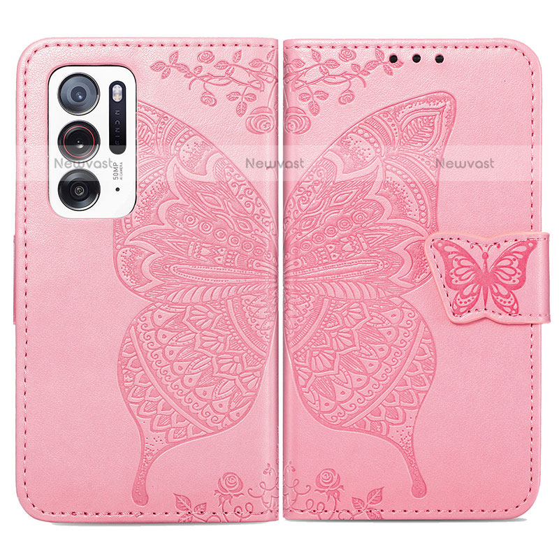 Leather Case Stands Butterfly Flip Cover Holder for Oppo Find N 5G Hot Pink