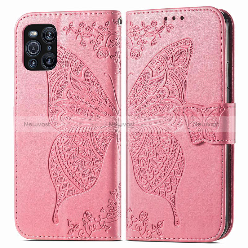 Leather Case Stands Butterfly Flip Cover Holder for Oppo Find X3 5G Hot Pink