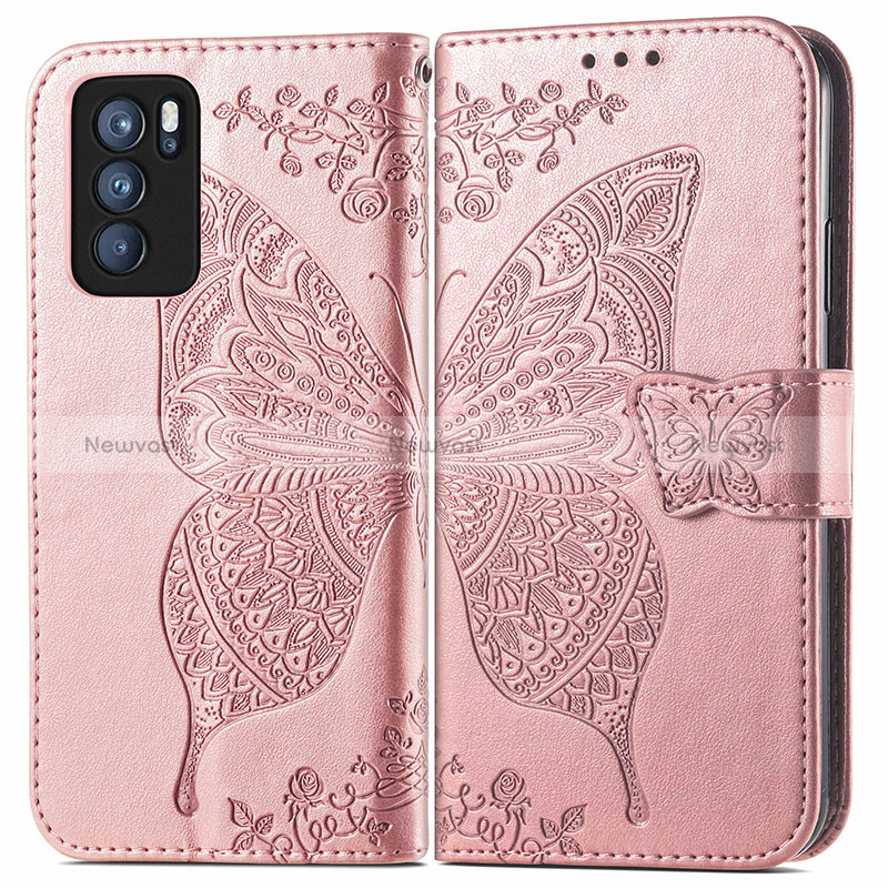 Leather Case Stands Butterfly Flip Cover Holder for Oppo Reno6 Pro 5G India Pink