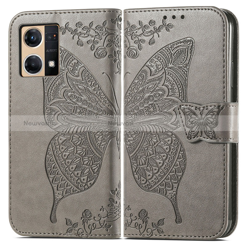 Leather Case Stands Butterfly Flip Cover Holder for Oppo Reno7 4G Gray