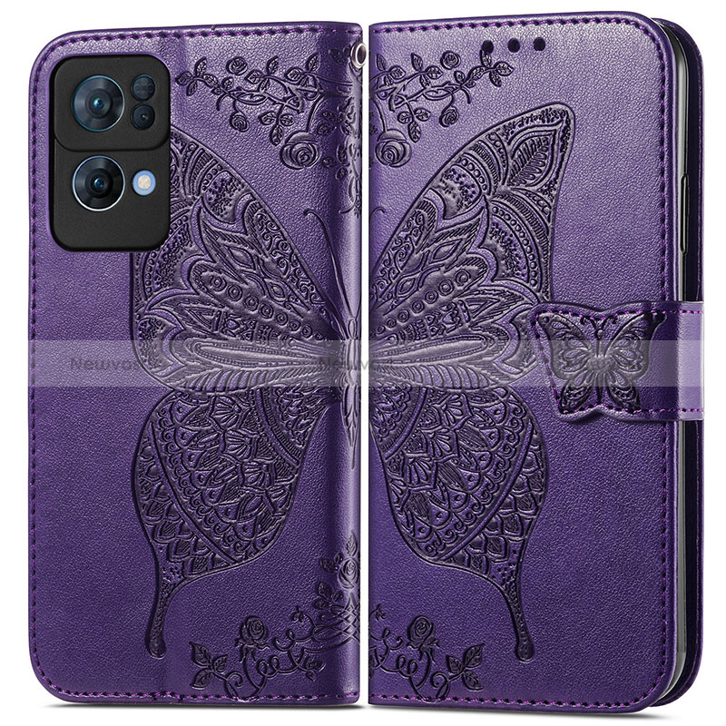 Leather Case Stands Butterfly Flip Cover Holder for Oppo Reno7 Pro 5G Purple