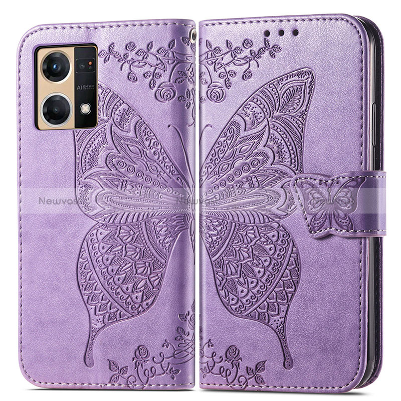 Leather Case Stands Butterfly Flip Cover Holder for Oppo Reno8 4G Clove Purple