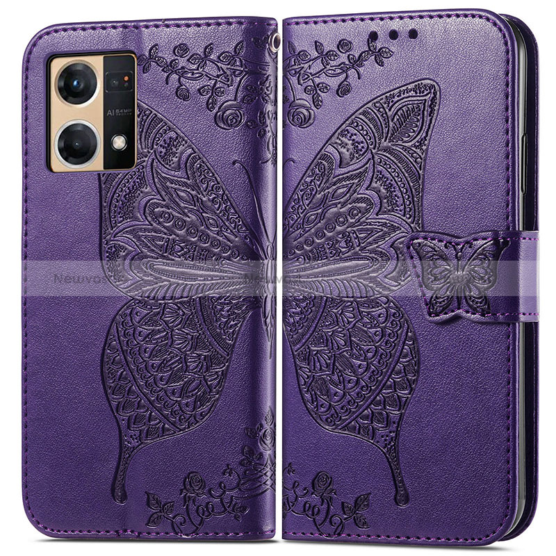 Leather Case Stands Butterfly Flip Cover Holder for Oppo Reno8 4G Purple