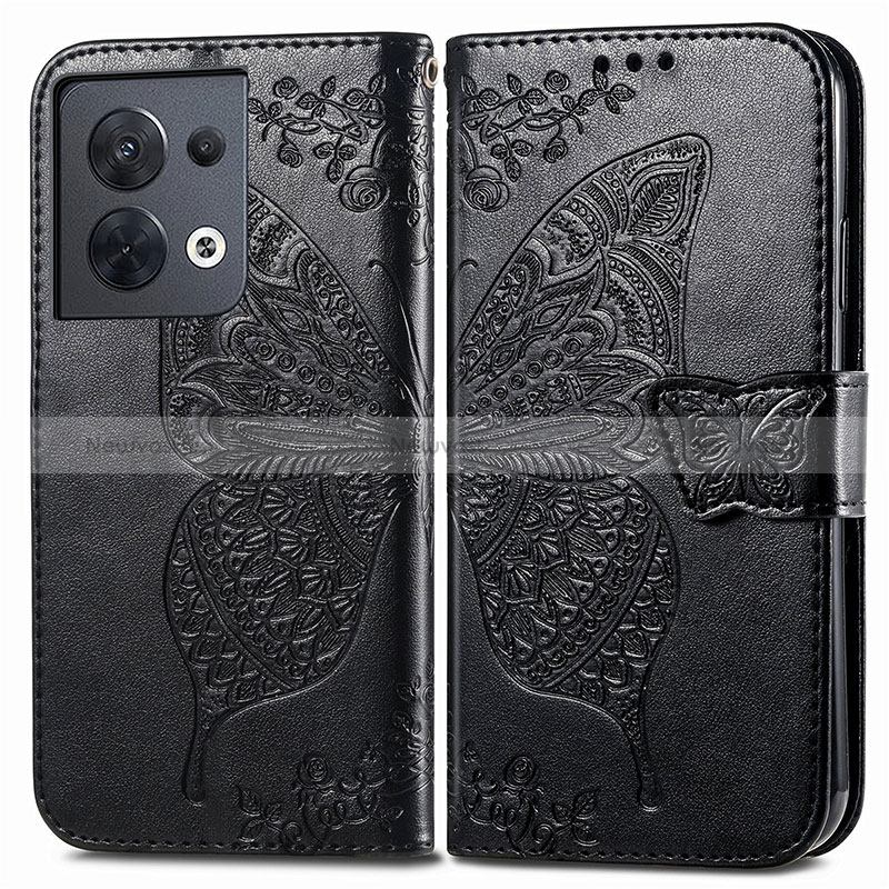 Leather Case Stands Butterfly Flip Cover Holder for Oppo Reno9 Pro 5G Black